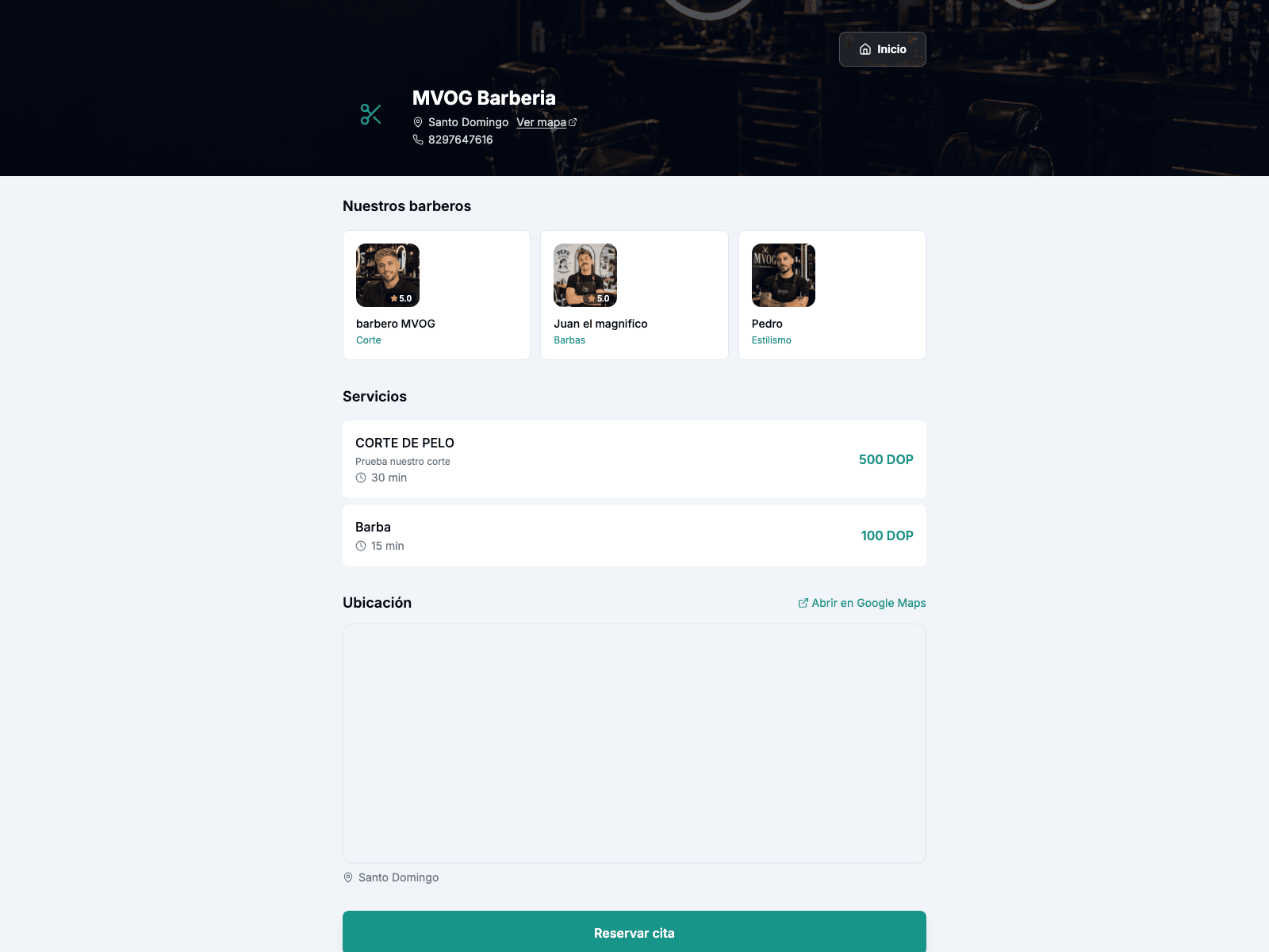 Web real de iBarber con barberos, servicios y ubicación