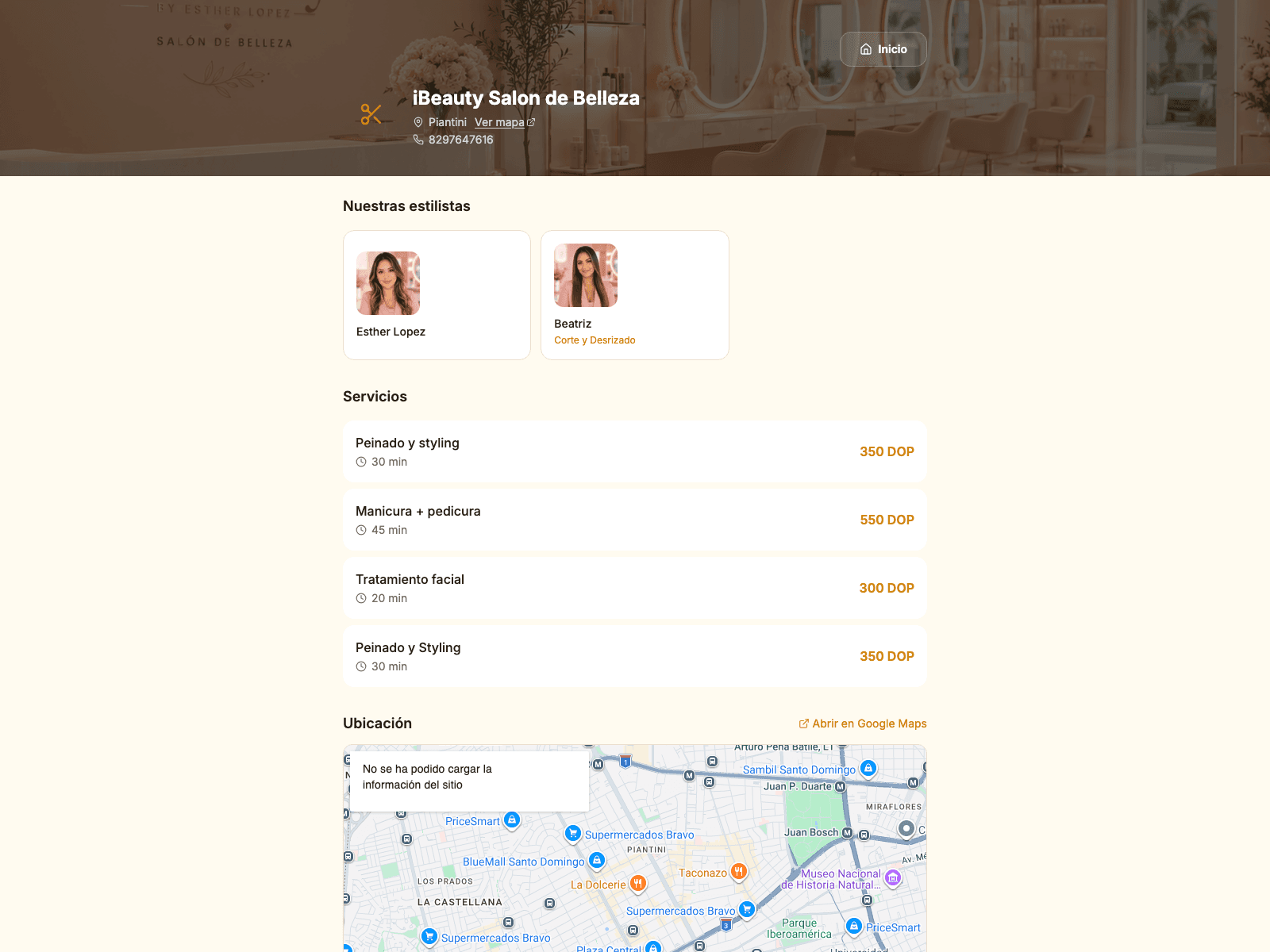 Web real de iBeauty con estilistas y servicios