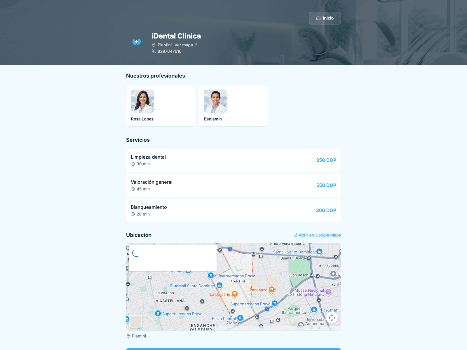 Web real de iDental con profesionales y tratamientos